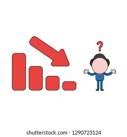 Vector illustration confused businessman character  with sales bar chart moving down. Color and black outlines.