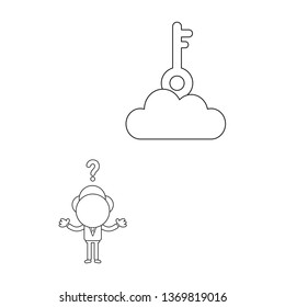 Vector illustration confused businessman character  with key on cloud. Black outline.