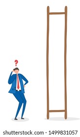 Vector illustration confused businessman and ladder without steps. Hand drawn. 