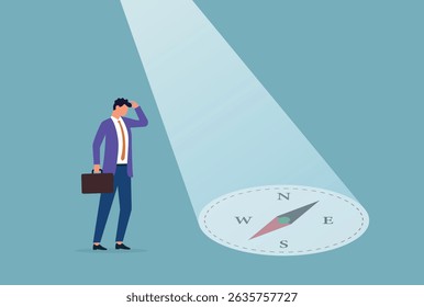 Vector illustration of a confused businessman standing under a compass shaped spotlight, symbolizing uncertainty, directionless decision making, and the search for strategic guidance in business
