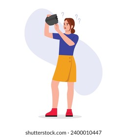 Vector illustration of a confused girl with an empty wallet. Cartoon scene of an upset girl wearing blue t-shirt and yellow skirt and red shoes holding empty wallet in hand .