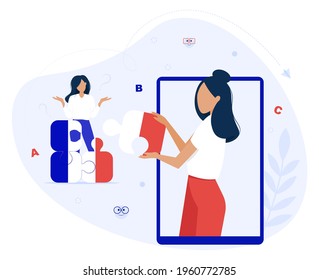 Vector illustration of confused girl. Student and teacher. Online education. Online school, courses. French language. Teacher help student.  