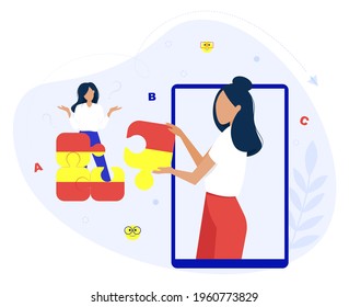 Vector Illustration Of Confused Girl. Student And Teacher. Online Education. Online School, Courses. Spanish Language. Teacher Help Student.  