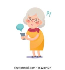 Vector Illustration of Confused Grandma Using Smart Phone Isolated  on White Background, Cute Cartoon Character
