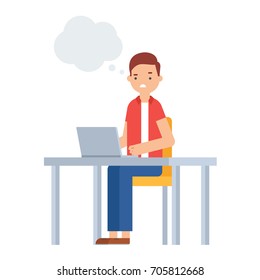Vector illustration of confused man sitting at the table with a laptop