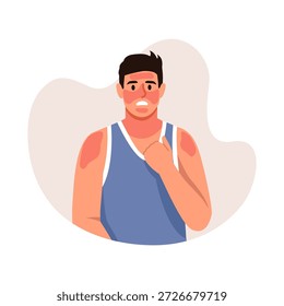 Vector illustration of a confused man with a sunburn. Cartoon scene of a dark-haired handsome man dressed in a T-shirt, with red spots on his skin, sunburned skin isolated on a white background.