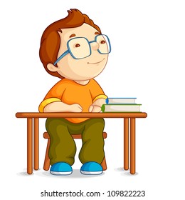 vector illustration of confused school boy sitting on table