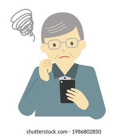 Vector illustration of confused senior man having trouble using mobile phone