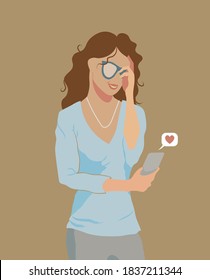 a vector illustration of confused shy girl who looks at the screen of her phone and smiles