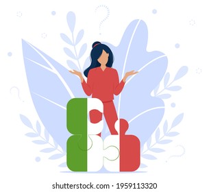 Vector illustration of confused student. Girl with puzzles. Online education. Online courses. school. Language courses, school. Italian language. Italian flag.