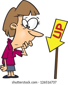 Vector illustration of confused woman looking at up sign pointed downwards