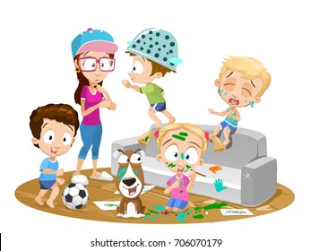 Vector Illustration Of Confused Young Babysitter Seeing Destroyed Messy Room. Children Playing In Room And Create Completely Mess. Children Painting, Playing Football, Crying And Playing With Dog.