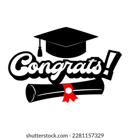 Vector illustration Congrats with graduation cap and diploma scroll isolated on white background. Academic black hat with a tassel and a university diploma with quote Congrats.  