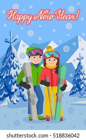 Vector illustration of congratulation card new year couple young people man and woman in a flat design on mountain background.