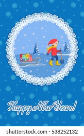 Vector illustration of congratulation card new year with little child pulling a sled, cartoon style and lettering.