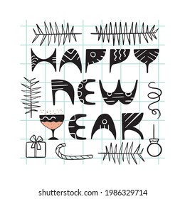 Vector illustration with congratulation Happy new year and decors. Black text for card, massage.