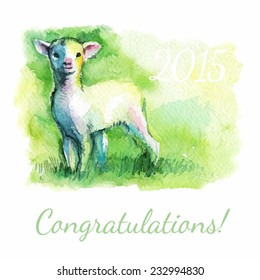 vector illustration congratulations 2015, little lamb on the green grass, sheep, goat, ram, sketch watercolor 