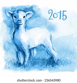 vector illustration congratulations 2015, little blue lamb, sheep, goat, ram, sketch watercolor, ?hinese symbol 2015