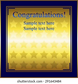 Vector illustration of Congratulations. Blue frame and stars on a gold background