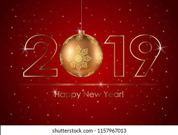 Vector illustration of congratulations for Happy New Year with Christmas ball. Badge for advertisements. Golden line, text, 2019 year and snowflakes on the dark red gradient background.