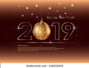 Vector illustration of congratulations for Happy New Year with Christmas ball. Badge for invitations. Golden line, circle, text, 2019 year and snowflakes on the dark red gradient background.