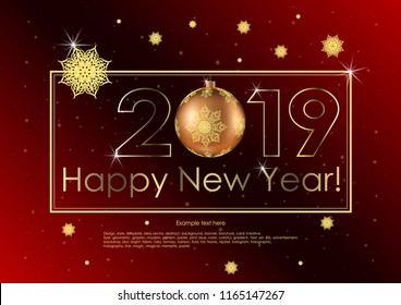 Vector illustration of congratulations for Happy New Year with Christmas balls. Badge for cards, posters. Golden line, frame, text, 2019 year and snowflakes on the dark red gradient background.