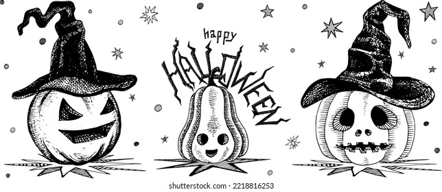 Vector illustration of congratulations on Halloween, pumpkins in witch hats and calligraphic inscription Happy Halloween. Hand drawing