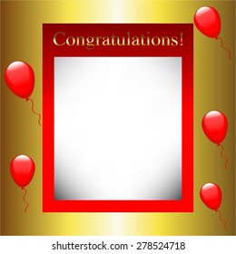 Vector illustration of Congratulations. Red balloons on a gold background.