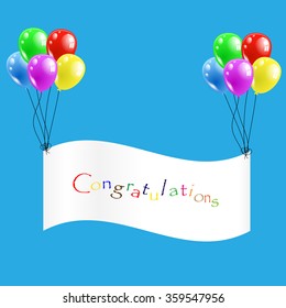 Vector illustration; Congratulations ribbon with colorful balloons.