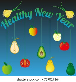 Vector illustration with congratulatory background Healthy New Year.Vegetables and fruits in form of New Year's toys.Drawing for design of cards,posters,flyers and brochures about healthy nutrition.