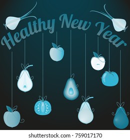 Vector illustration with congratulatory background Healthy New Year.Vegetables and fruits in form of New Year's toys.Drawing for design of cards,posters,flyers and brochures about healthy nutrition.