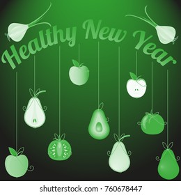 Vector illustration with congratulatory background Healthy New Year.Vegetables and fruits in form of New Year's toys.Drawing for design of cards,posters,flyers and brochures about healthy nutrition.