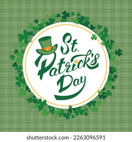 Vector illustration with congratulatory text, hat and trefoil on a green background. Happy St. Patrick's Day illustration for print, banners, prints, social media, etc.