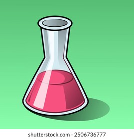 Vector illustration of a conical flask with red liquid on a green background, ideal for scientific and educational content