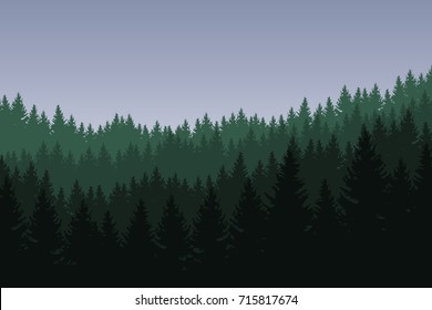 Vector illustration of coniferous forest with green trees in several layers under a gray sky with space for text
