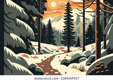 Vector illustration of coniferous forest in the mountains at sunset. A forest with a snow covered trail 