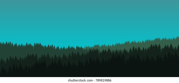 Vector illustration of a coniferous forest with trees under a green blue sky