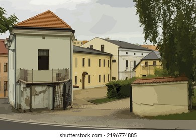 Vector illustration of connected buildings. Buildings built in an arch. Houses lining the main road. Streets, urban environments, fascinating human dwellings.