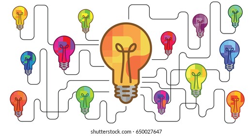 vector illustration of connected colorful bulbs for brainstorming and team working concepts