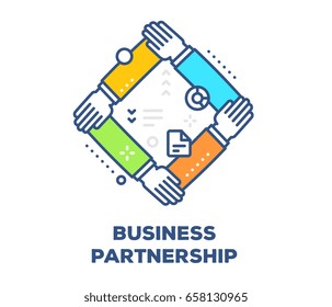 Vector illustration of connected hands together. Business partnership concept on white background with title. Thin line art design for web, site, banner, business presentation