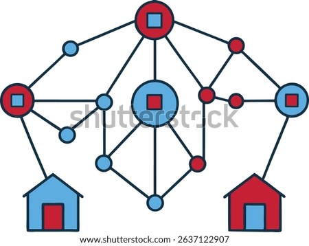 Vector illustration of a connected network with houses, circles, and squares symbolizing digital communication or data sharing. Ideal for smart home, IoT, or internet connection concepts. 