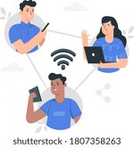 Vector illustration of connected people by internet. Online education, online meeting