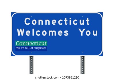 Vector illustration of the Connecticut welcomes you blue road sign