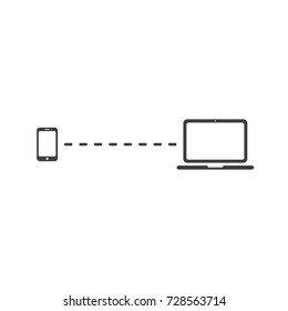 Vector illustration of connection between smartphone and laptop computer symbol icons on white background.