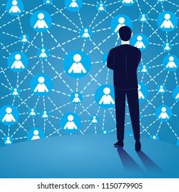 Vector illustration. Connection in business concept, businessman facing link of people connection, social media avatar symbol