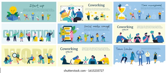 Vector illustration of Connection, Team leader, Online review, Time mamagement, Coworking space, Start up, Team work backgrounds