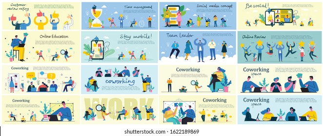 Vector illustration of Connection, Team leader, Online review, Time mamagement, Coworking space, Start up, Team work backgrounds