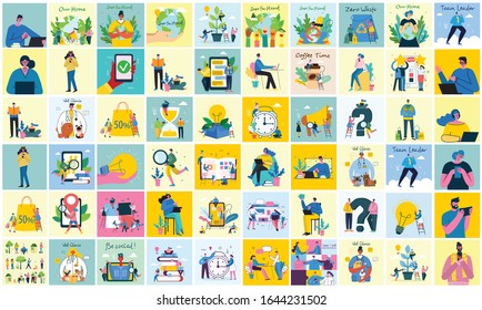 Vector illustration of Connection, Team leader, Online review, Time mamagement, Coworking space, Start up, Team work backgrounds