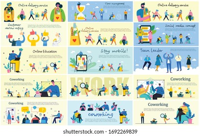 Vector illustration of Connection, Team leader, Online review, Time mamagement, Coworking space, Save the planet, Start up, Team work backgrounds