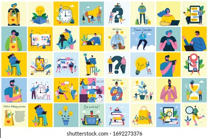 Vector illustration of Connection, Team leader, Online review, Time mamagement, Coworking space, Save the planet, Start up, Team work backgrounds